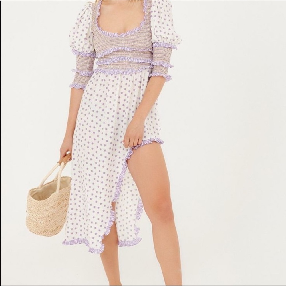 For Love and Lemons Hideaway Midi Dress in Purple Polka Dot Gingham